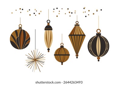 Vector gold black glass tree toys in Art Deco style. Hand drawn doodle with flat elegant festive New Year decor. Modern winter Xmas set for design, flyer, paper, card, poster, print, congratulation