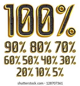 Vector gold and black leather font Percents templates for sale 100%, 90%, 80%, 70%, 60%,  50%, 40%, 30%, 20%, 10%