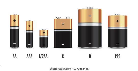 Векторный золотой и черный реалистичный набор щелочных батарей, разный размер изолирован на белом фоне. Векторный набор аккумуляторных батарей,