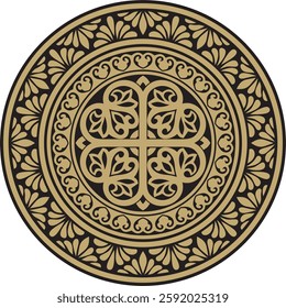 Vector gold and black round classic byzantine ornament. Circle, ring, border, Ancient Greece, Eastern Roman Empire frame. Decoration of the Russian Orthodox Church
