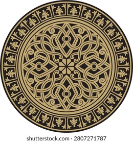 Vector gold and black round classic byzantine ornament. Circle, ring, border, Ancient Greece, Eastern Roman Empire frame. Decoration of the Russian Orthodox Church
