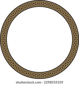 Vector gold and black round frame, border, classic Greek meander ornament. Patterned circle, ring of Ancient Greece and the Roman Empire.
