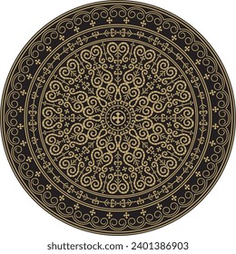 Vector gold and black round Yakut ornament. Endless circle, border, frame of the northern peoples of the Far East.