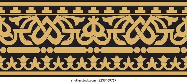 Vector gold and black seamless classic byzantine ornament. Endless border, Ancient Greece, Eastern Roman Empire frame. Decoration of the Russian Orthodox Church.

