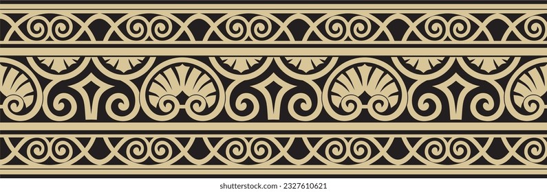 Vector gold and black seamless classic renaissance ornament. Endless european border, revival style frame.
