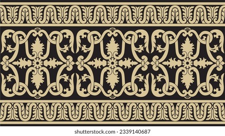 Vector gold and black seamless classic renaissance ornament. Endless european border, revival style frame.
