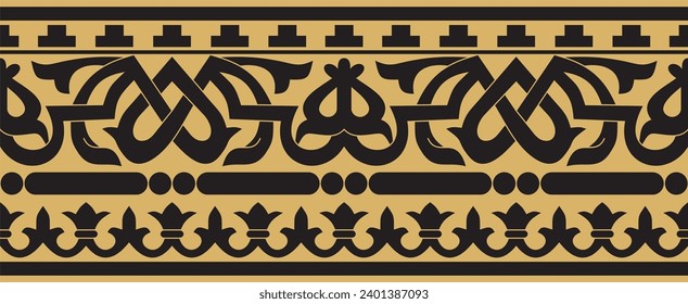 Ornamento bizantino clásico de oro vectorial y negro sin fisuras. Frontera interminable, Grecia Antigua, marco Imperio Romano Oriental. Decoración de la Iglesia Ortodoxa Rusa.
