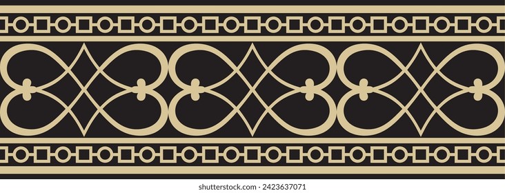 Vector gold and black seamless classic renaissance ornament. Endless european border, revival style frame.
