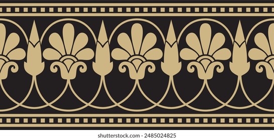 Vector gold and black seamless classic Greek meander ornament. Pattern of ancient Greece. Border, frame of the Roman Empire.
