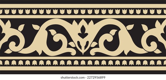 Oro vectorial y ornamento turco sin costuras negro. Frontera nacional otomana interminable, marco.
