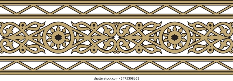 Vector gold and black seamless Yakut ornament. Endless border, frame of the northern peoples of the Far East.
