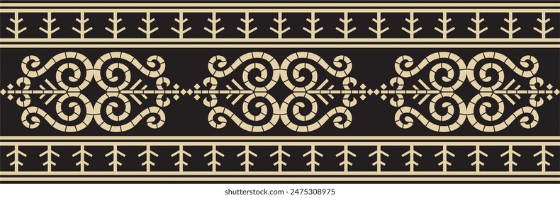 Vector gold and black seamless Yakut ornament. Endless border, frame of the northern peoples of the Far East.