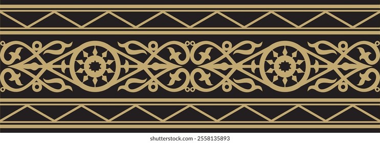 Vector gold and black seamless Yakut ornament. Endless border, frame of the northern peoples of the Far East.
