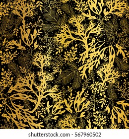 Vector Gold Black Seaweed Texture Seamless Pattern Background. Great for elegant gray  fabric, cards, wedding invitations, wallpaper.