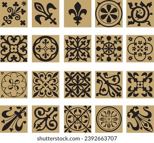 Vector gold and black set of ancient Roman ornament elements. Classic European parts of patterns. Lilies and crowns.
