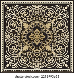 Vector gold and black square byzantine ornament. Tiles of ancient Greece and the Eastern Roman Empire. Decoration of the Russian Orthodox Church.
