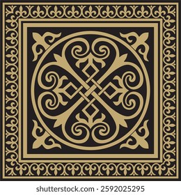 Vector gold and black square classic byzantine ornament. Rectangle, border, Ancient Greece, Eastern Roman Empire frame. Decoration of the Russian Orthodox Church
