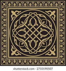 Vector gold and black square classic byzantine ornament. Rectangle, border, Ancient Greece, Eastern Roman Empire frame. Decoration of the Russian Orthodox Church
