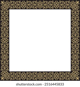 Vector gold with black square Kazakh national ornament. Ethnic pattern of the peoples of the Great Steppe,
