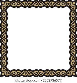 Vector gold with black square Kazakh national ornament. Ethnic pattern of the peoples of the Great Steppe,
