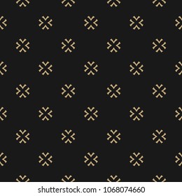 Vector gold and black texture. Abstract minimalist seamless pattern with crosses, snowflakes, floral shapes. Luxury minimal geometric background. Elegant design for decor, textile, carpet, gift paper