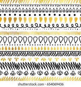 Vector Gold, Black, and White Decorative Ikat Stripes Abstract Seamless Repeat Pattern Background. Great for handmade cards, invitations, wallpaper, packaging, wedding designs. Pattern design.