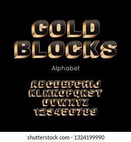 Vector Gold Blocks alphabet and font. 3d letters and numbers