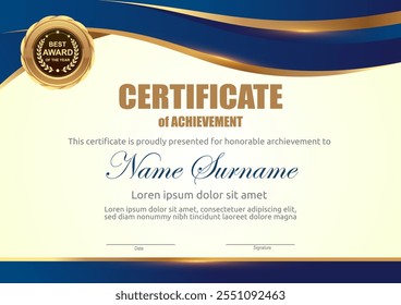 Oro de Vector y certificado azul Plantilla