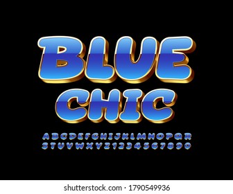 Vector Gold and Blue Chic Alphabet. 3D Shiny Font. Comic style Letters and Numbers premium set