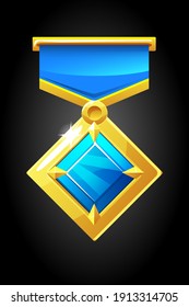 Vector gold blue diamond rhombus medal for a game. Illustration of an award with a gem.