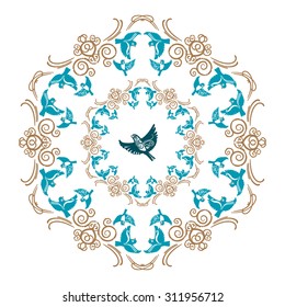 Vector gold and blue floral ornament with flying birds for decorative plate