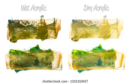 Vector gold, blue, green paint smear stroke stain set. Abstract acrylic textured art illustration. Acrilyc Texture Paint Stain Illustration. Hand drawn brush strokes vector elements. Acrilyc strokes.