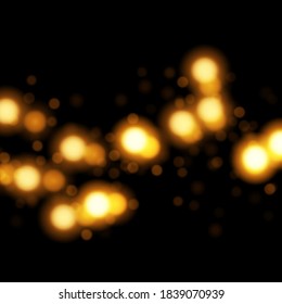 Fondo abstracto del bokeh de oro vectorial. Detrás festivo con luces borrosas brillantes en negro 