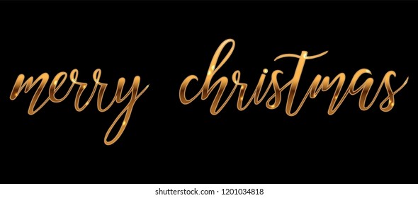Vector gold Bright Merry Christmas brush lettering text on black background