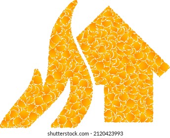 Vector gold burn house mosaic icon. Burn house is isolated on a white background. Gold items mosaic based on burn house icon. Collage burn house iconic image is created of yellow items.