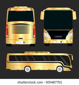 Vector Gold bus. Gold new modern comfortable city bus on the road.