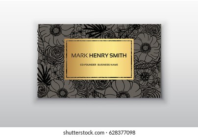 Vector gold business card templates set with flowers.