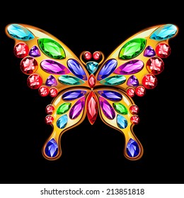 Vector gold butterfly jewelry with precious stones. Black background.