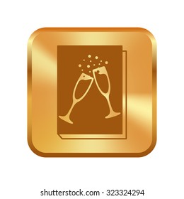 Vector gold button with book - vector icon with glasses of champagne 