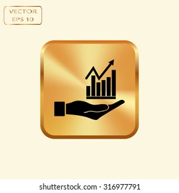 Vector gold button with Vector Business Growing Chart Presentation Icon in hand - vector icon