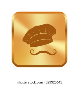 Vector gold button with  Chef and cook hats set isolated with mustache
