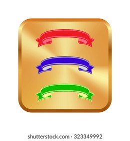 Vector gold button with vector colorful ribbon