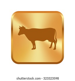 Vector gold button with Cow - vector silhouette