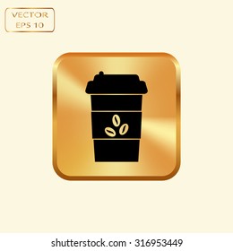 Vector gold button with Disposable coffee cup icon. vector icon
