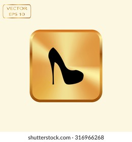 Vector gold button with Elegant women's high heel shoe