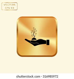 Vector gold button with flat of the hand icon with money tree