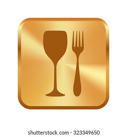 Vector gold button with Fork and glass 