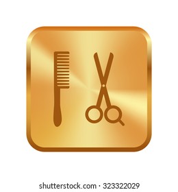 Vector gold button with hair salon with scissors and comb icon - vector illustration 