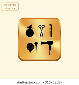 Vector gold button with Hairdressing icon set. Vector 