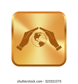 Vector gold button with Hand holding Globe earth icon 